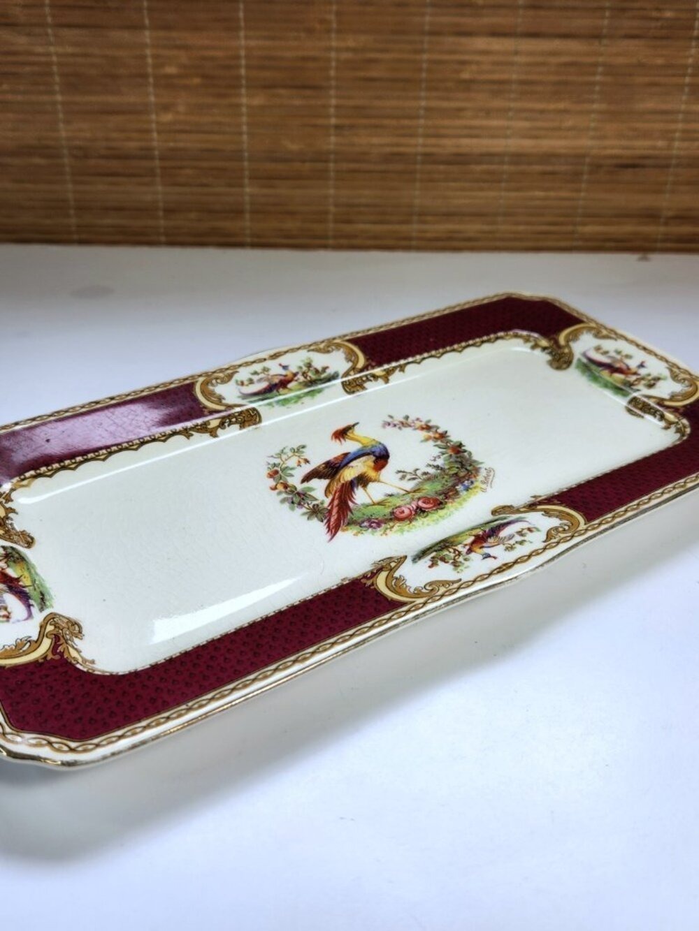 Vintage Royal Crown Myotts Platter Bird Floral Gold Trim 12” Staffordshire